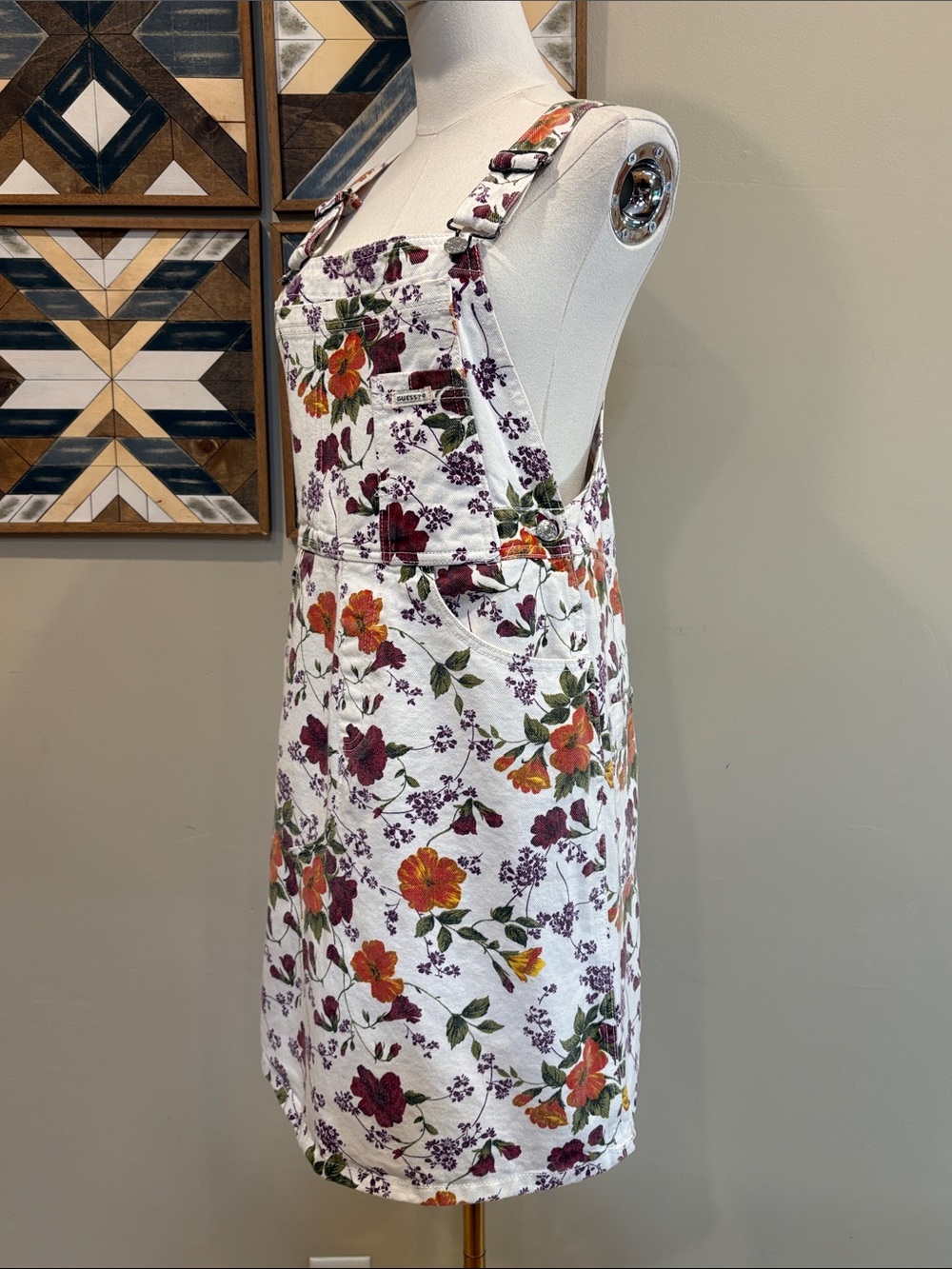 Vintage Guess 90s White Floral Cottagecore Denim Overall Dress S / M - Picture 4 of 13